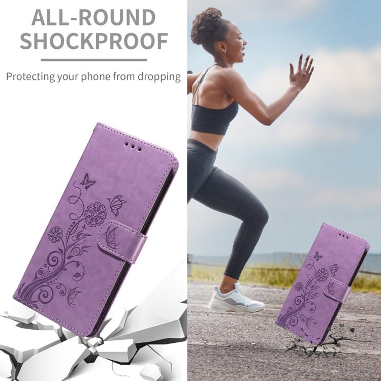 For iPhone 16e Embossed Butterfly Flowers Leather Phone Case(Purple) - iPhone 16e Cases by buy2fix | Online Shopping UK | buy2fix