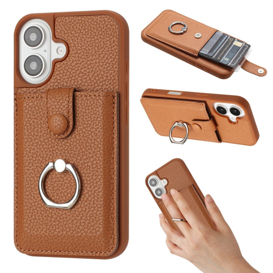 For iPhone 16 Litchi Texture Drawing Card Bag Ring Holder Phone Case(Brown) - iPhone 16 Cases by buy2fix | Online Shopping UK | buy2fix