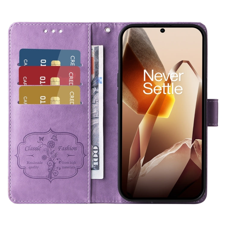For OnePlus 13 Embossed Butterfly Flowers Leather Phone Case(Purple) - OnePlus Cases by buy2fix | Online Shopping UK | buy2fix