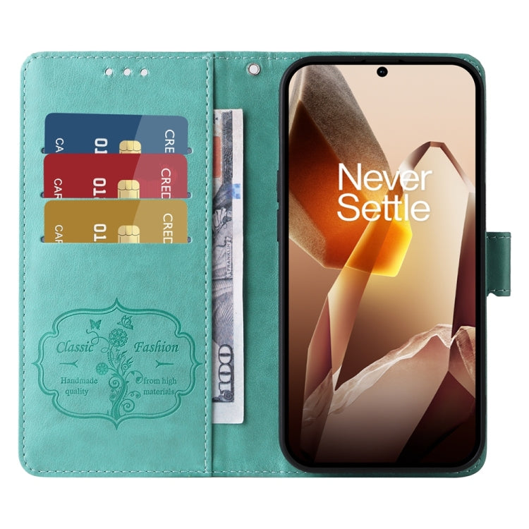 For OnePlus 13 Embossed Butterfly Flowers Leather Phone Case(Green) - OnePlus Cases by buy2fix | Online Shopping UK | buy2fix