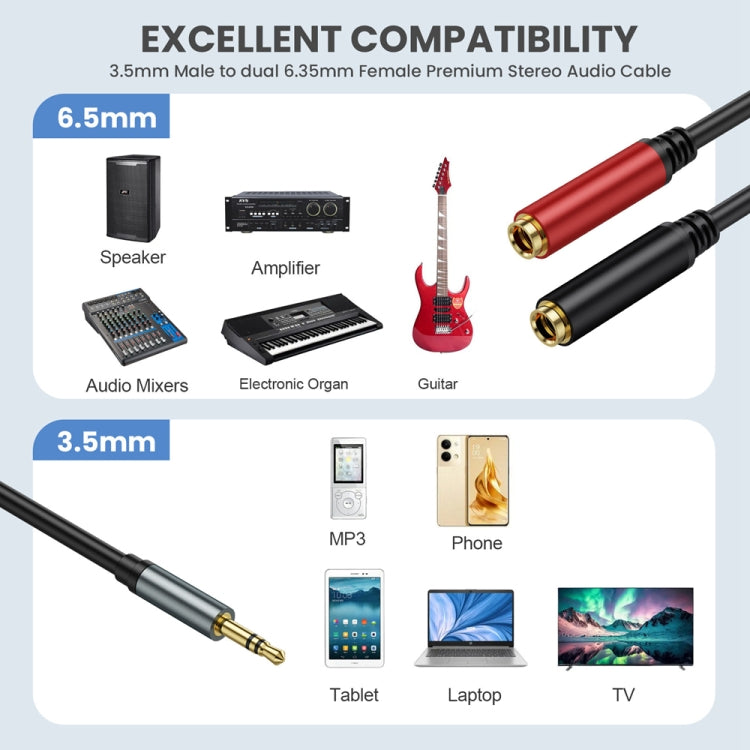 0.3m Gold Plated 3.5mm TRS Male to 2 x 6.35mm Female Laptop Y Splitter Adapter Audio Cable(Black) - Video & Audio Cable by buy2fix | Online Shopping UK | buy2fix