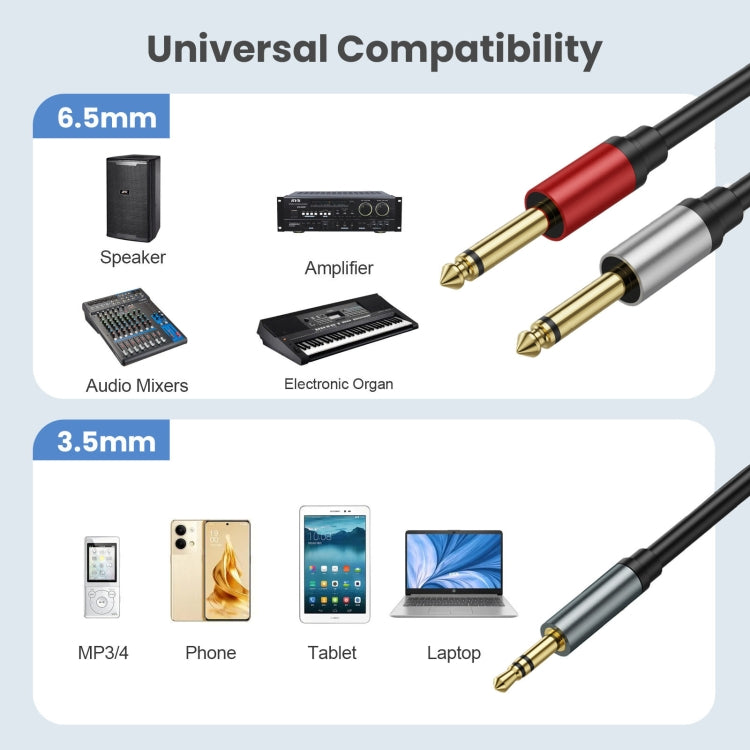 0.3m Gold Plated 3.5mm TRS Stereo to Dual 6.35mm TS Mono Y Splitter Adapter Audio Cable(Black) - Video & Audio Cable by buy2fix | Online Shopping UK | buy2fix