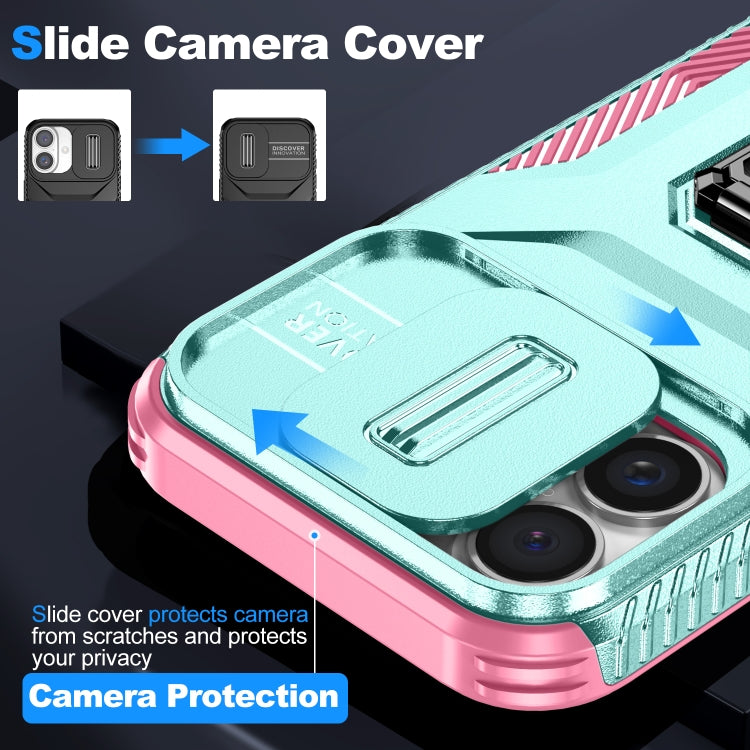 For iPhone 16 Plus Sliding Camshield Holder Phone Case(Grey Green + Pink) by buy2fix
