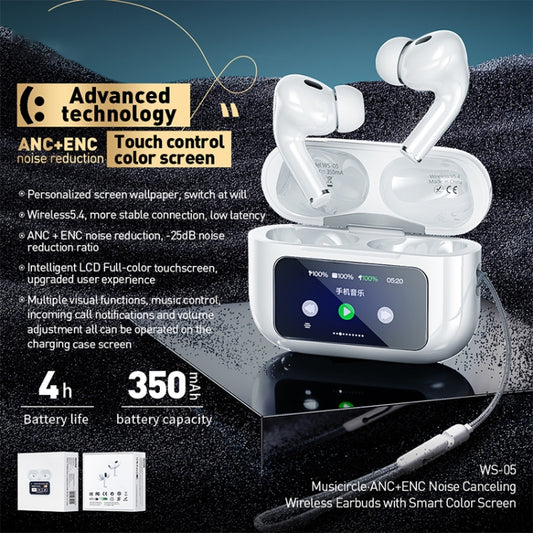 WEKOME WS-05 Chiscope Smart Color Screen Noise Reduction Wireless Bluetooth Earphones(White) - Bluetooth Earphone by WK | Online Shopping UK | buy2fix