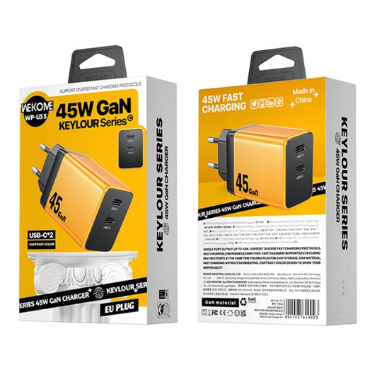 WK WP-U33 45W USB-C / Type-Cx2 GaN Fast Charger, Plug Type:EU Plug(Yellow) - USB Charger by WK | Online Shopping UK | buy2fix