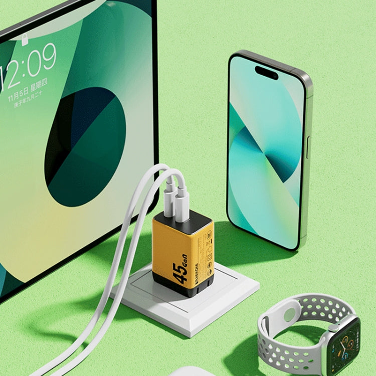 WK WP-U33 45W USB-C / Type-Cx2 GaN Fast Charger, Plug Type:UK Plug(Yellow) - USB Charger by WK | Online Shopping UK | buy2fix