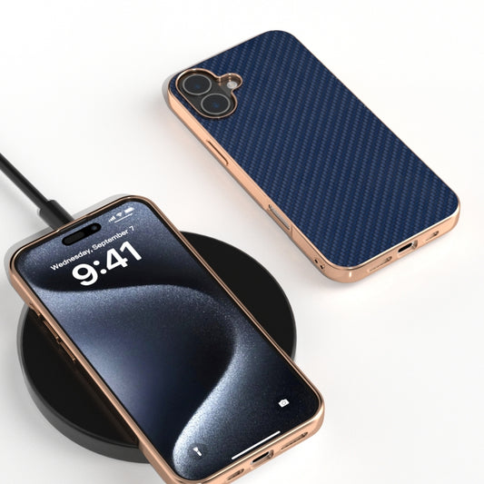 For iPhone 16 Plus Nano Electroplating Carbon Fiber Texture Phone Case(Navy Blue) by buy2fix