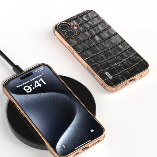 For iPhone 16 ABEEL Electroplating Frame Crocodile Texture Genuine Leather Phone Case(Black) by buy2fix