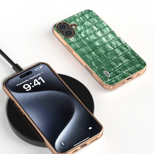For iPhone 16 ABEEL Electroplating Frame Crocodile Texture Genuine Leather Phone Case(Green) by buy2fix