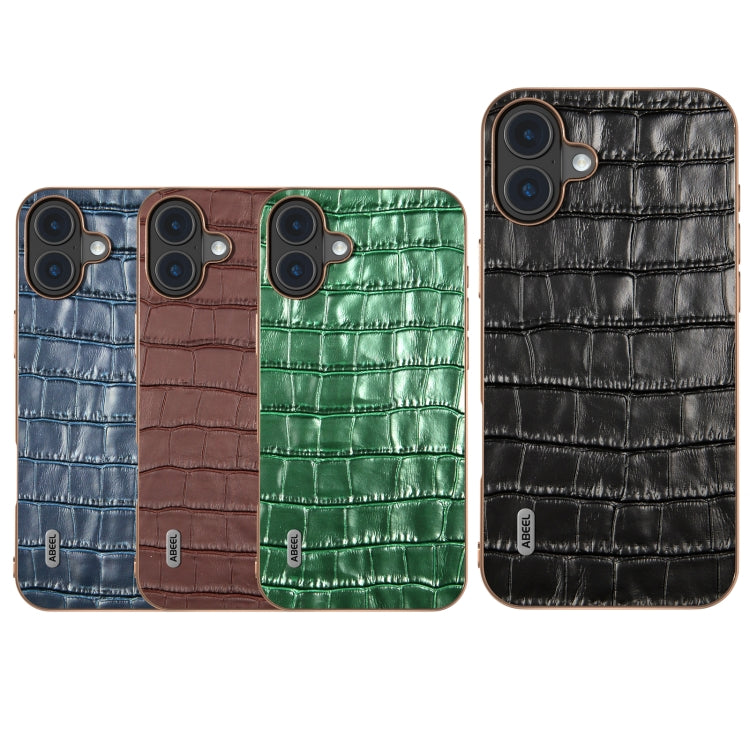 For iPhone 16 ABEEL Electroplating Frame Crocodile Texture Genuine Leather Phone Case(Green) by buy2fix
