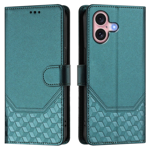 For iPhone 16 Plus Honeycomb Embossing RFID Leather Phone Case(Peacock Green) by buy2fix