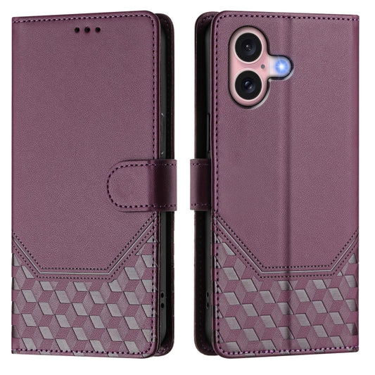For iPhone 16 Honeycomb Embossing RFID Leather Phone Case(Violet) by buy2fix