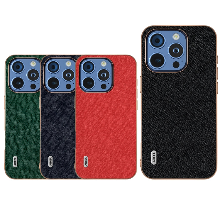 For iPhone 16 Pro ABEEL Electroplating Frame Cross Texture Genuine Leather Phone Case(Red) by buy2fix