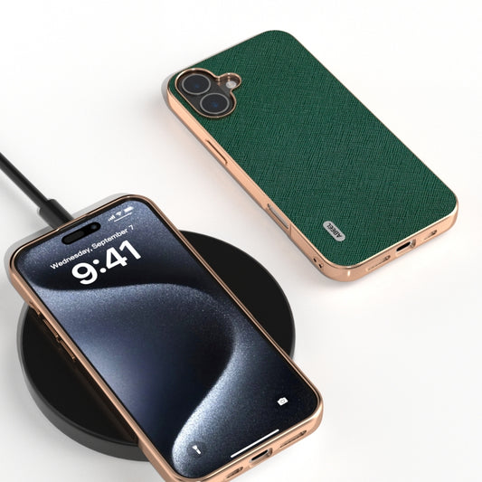 For iPhone 16 ABEEL Electroplating Frame Cross Texture Genuine Leather Phone Case(Green) by buy2fix