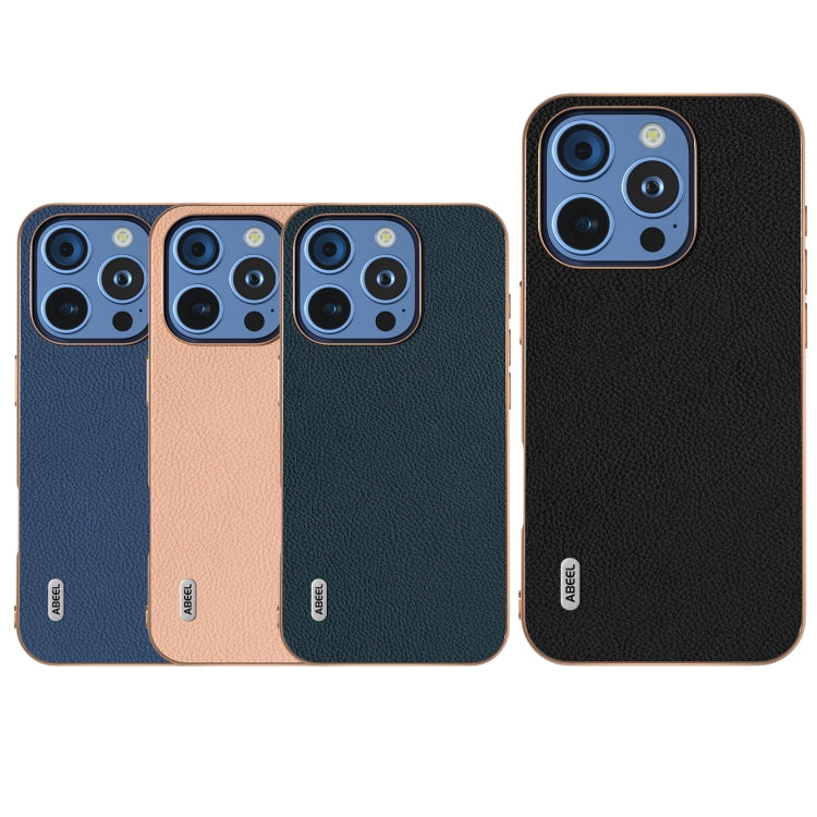 For iPhone 16 Pro ABEEL Electroplating Frame Genuine Leather + PC Litchi Texture Phone Case(Blue) by buy2fix