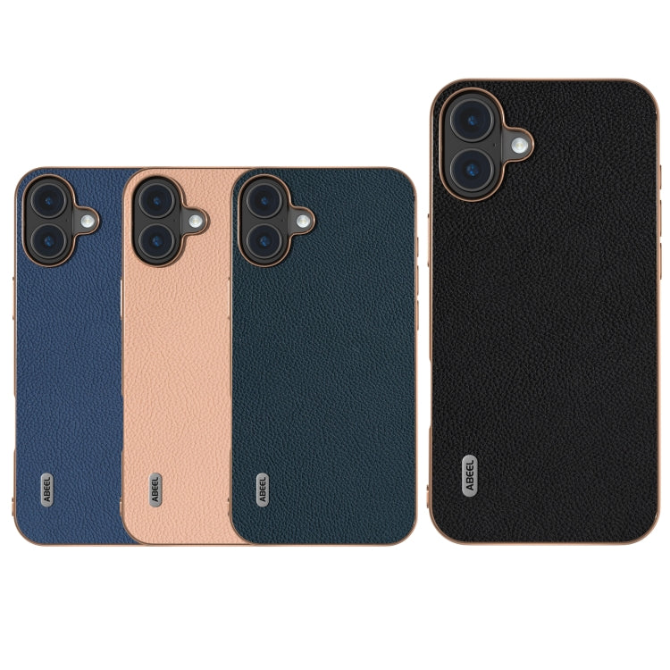 For iPhone 16 Plus ABEEL Electroplating Frame Genuine Leather + PC Litchi Texture Phone Case(Blue) by buy2fix