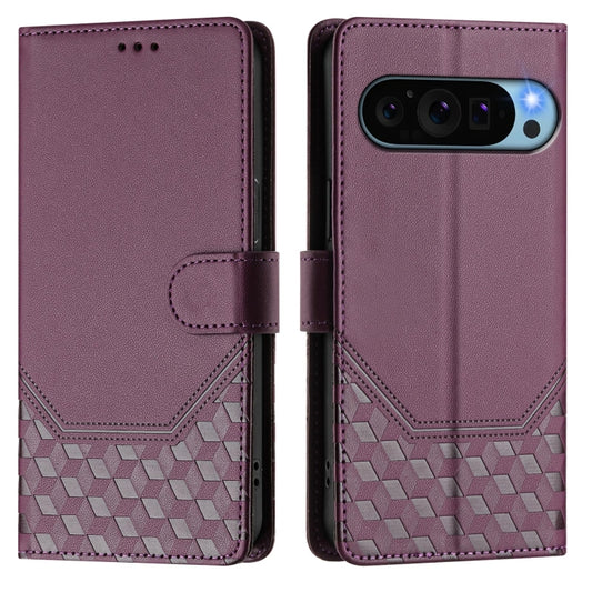For Google Pixel 9 Pro XL Honeycomb Embossing RFID Leather Phone Case(Violet) by buy2fix