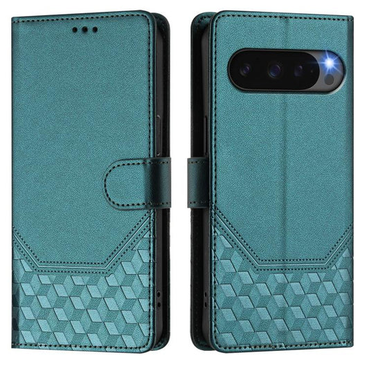 For Google Pixel 10 Pro XL 5G Global Honeycomb Embossing RFID Leather Phone Case(Peacock Green) - Google Cases by buy2fix | Online Shopping UK | buy2fix
