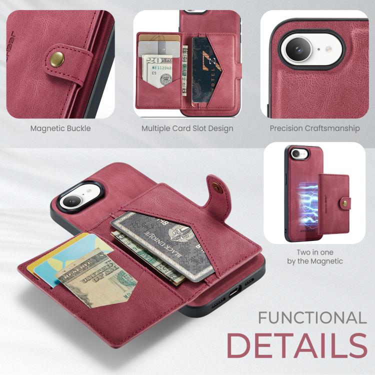 For iPhone 16e JEEHOOD J01 Retro Magnetic Detachable Wallet Phone Case(Red) - iPhone 16e Cases by JEEHOOD | Online Shopping UK | buy2fix