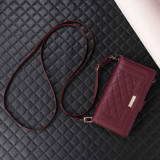 For iPhone 16 Crossbody Zipper Wallet Rhombus Leather Phone Case(Wine Red) by buy2fix