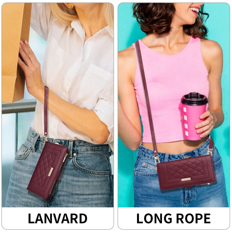 For iPhone 15 Crossbody Zipper Wallet Rhombus Leather Phone Case(Wine Red) - iPhone 15 Cases by buy2fix | Online Shopping UK | buy2fix