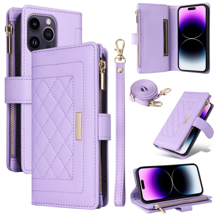 For iPhone 14 Pro Max Crossbody Zipper Wallet Rhombus Leather Phone Case(Purple) - iPhone 14 Pro Max Cases by buy2fix | Online Shopping UK | buy2fix