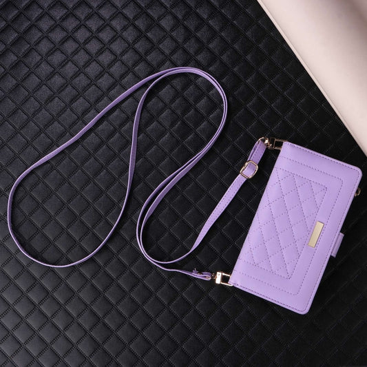 For iPhone 14 Pro Max Crossbody Zipper Wallet Rhombus Leather Phone Case(Purple) - iPhone 14 Pro Max Cases by buy2fix | Online Shopping UK | buy2fix