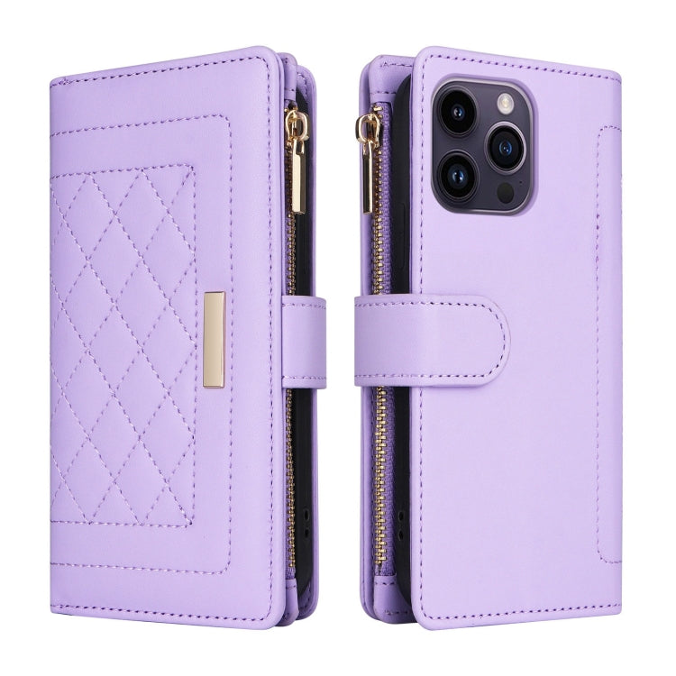 For iPhone 14 Pro Max Crossbody Zipper Wallet Rhombus Leather Phone Case(Purple) - iPhone 14 Pro Max Cases by buy2fix | Online Shopping UK | buy2fix