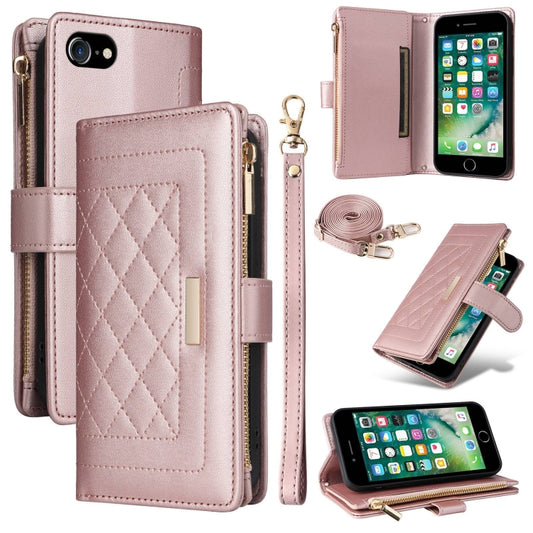 For iPhone 7 / 8 / SE 2022 Crossbody Zipper Wallet Rhombus Leather Phone Case(Rose Gold) - iPhone SE 2022 / 2020 / 8 / 7 Cases by buy2fix | Online Shopping UK | buy2fix