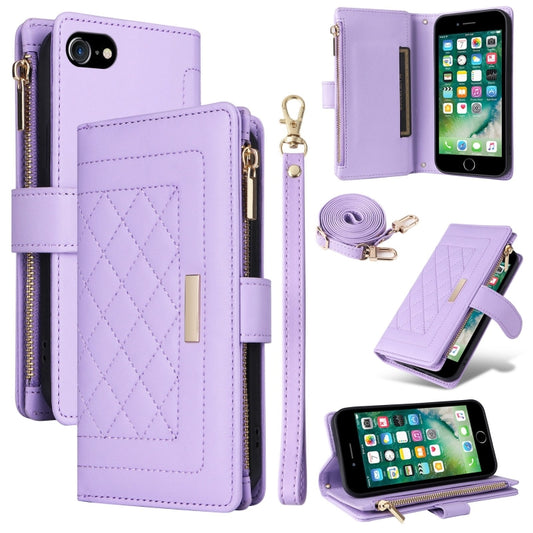 For iPhone 7 / 8 / SE 2022 Crossbody Zipper Wallet Rhombus Leather Phone Case(Purple) - iPhone SE 2022 / 2020 / 8 / 7 Cases by buy2fix | Online Shopping UK | buy2fix