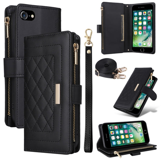 For iPhone 7 / 8 / SE 2022 Crossbody Zipper Wallet Rhombus Leather Phone Case(Black) - iPhone SE 2022 / 2020 / 8 / 7 Cases by buy2fix | Online Shopping UK | buy2fix