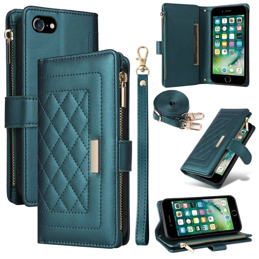 For iPhone 7 / 8 / SE 2022 Crossbody Zipper Wallet Rhombus Leather Phone Case(Green) - iPhone SE 2022 / 2020 / 8 / 7 Cases by buy2fix | Online Shopping UK | buy2fix