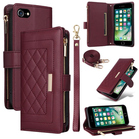 For iPhone 7 / 8 / SE 2022 Crossbody Zipper Wallet Rhombus Leather Phone Case(Wine Red) - iPhone SE 2022 / 2020 / 8 / 7 Cases by buy2fix | Online Shopping UK | buy2fix