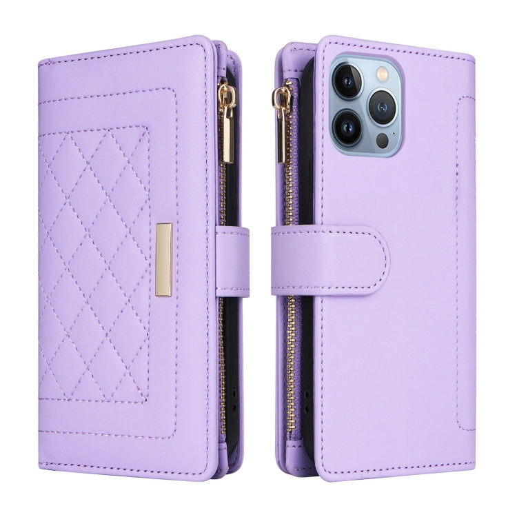For iPhone 13 Pro Max Crossbody Zipper Wallet Rhombus Leather Phone Case(Purple) - iPhone 13 Pro Max Cases by buy2fix | Online Shopping UK | buy2fix