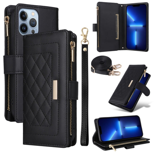 For iPhone 13 Pro Max Crossbody Zipper Wallet Rhombus Leather Phone Case(Black) - iPhone 13 Pro Max Cases by buy2fix | Online Shopping UK | buy2fix