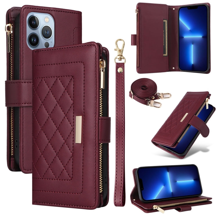 For iPhone 13 Pro Max Crossbody Zipper Wallet Rhombus Leather Phone Case(Wine Red) - iPhone 13 Pro Max Cases by buy2fix | Online Shopping UK | buy2fix