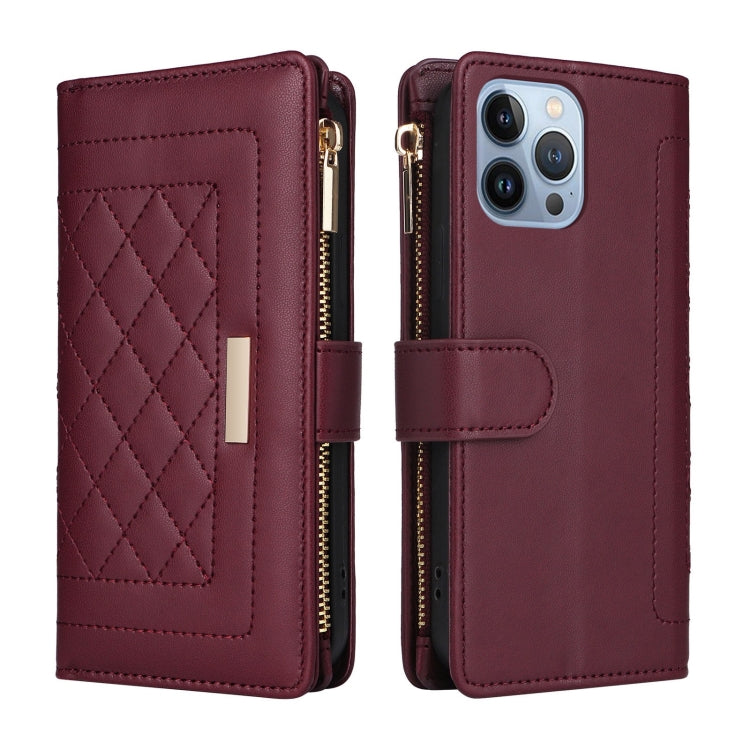For iPhone 13 Pro Max Crossbody Zipper Wallet Rhombus Leather Phone Case(Wine Red) - iPhone 13 Pro Max Cases by buy2fix | Online Shopping UK | buy2fix