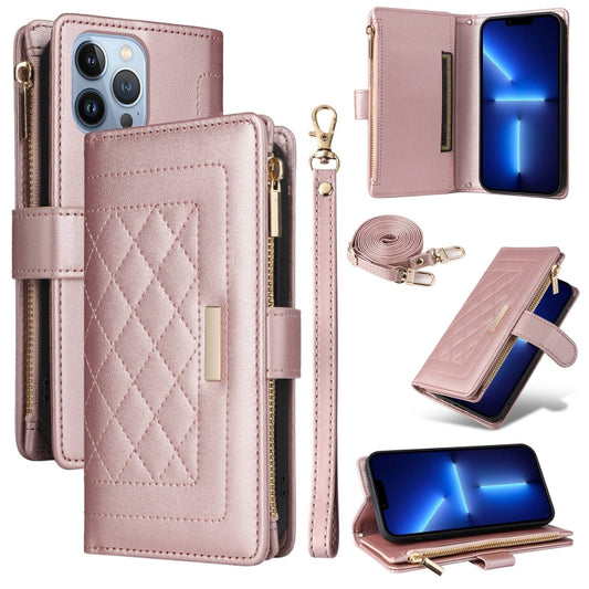 For iPhone 13 Pro Crossbody Zipper Wallet Rhombus Leather Phone Case(Rose Gold) - iPhone 13 Pro Cases by buy2fix | Online Shopping UK | buy2fix