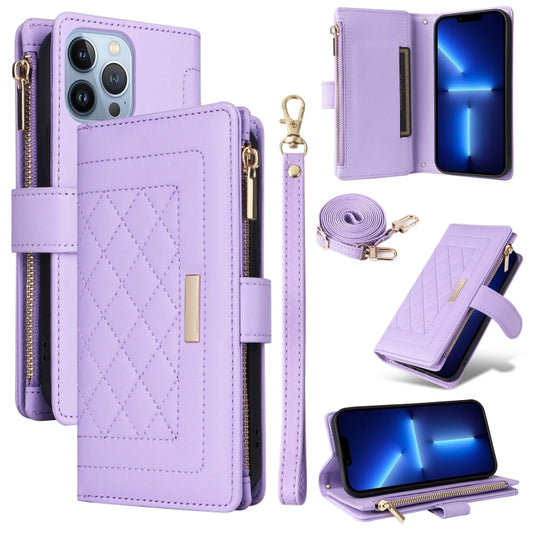 For iPhone 13 Pro Crossbody Zipper Wallet Rhombus Leather Phone Case(Purple) - iPhone 13 Pro Cases by buy2fix | Online Shopping UK | buy2fix
