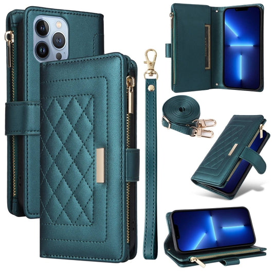For iPhone 13 Pro Crossbody Zipper Wallet Rhombus Leather Phone Case(Green) - iPhone 13 Pro Cases by buy2fix | Online Shopping UK | buy2fix