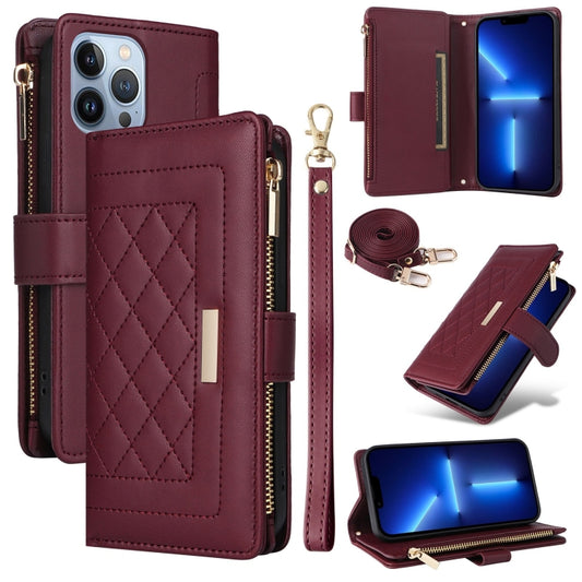 For iPhone 13 Pro Crossbody Zipper Wallet Rhombus Leather Phone Case(Wine Red) - iPhone 13 Pro Cases by buy2fix | Online Shopping UK | buy2fix