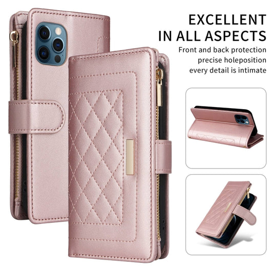 For iPhone 12 / 12 Pro Crossbody Zipper Wallet Rhombus Leather Phone Case(Rose Gold) - iPhone 12 / 12 Pro Cases by buy2fix | Online Shopping UK | buy2fix