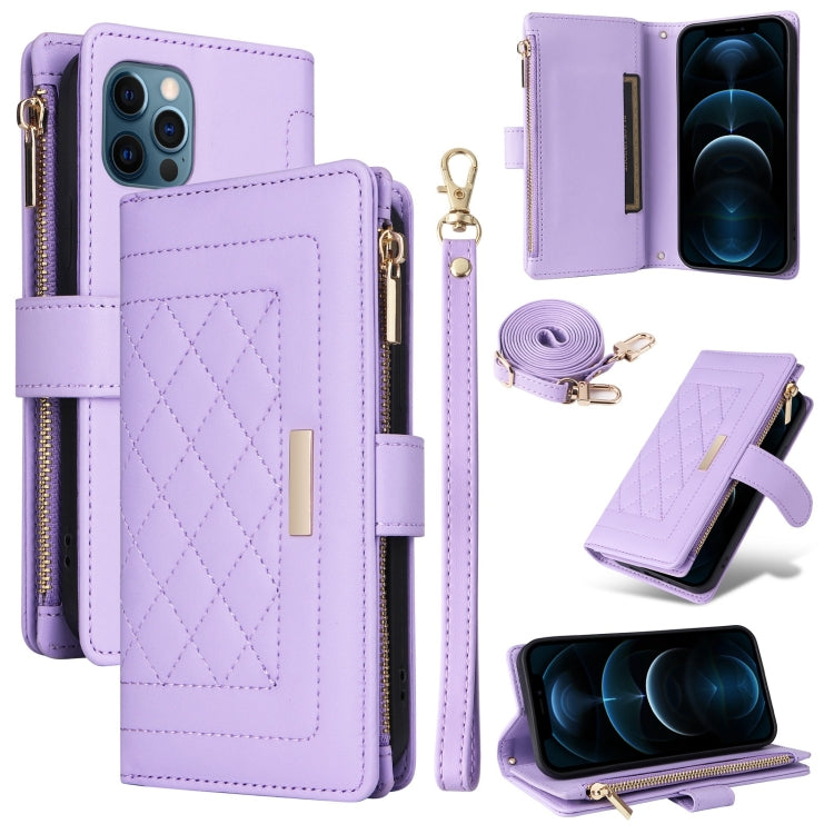 For iPhone 12 / 12 Pro Crossbody Zipper Wallet Rhombus Leather Phone Case(Purple) - iPhone 12 / 12 Pro Cases by buy2fix | Online Shopping UK | buy2fix
