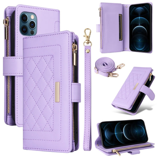 For iPhone 12 / 12 Pro Crossbody Zipper Wallet Rhombus Leather Phone Case(Purple) - iPhone 12 / 12 Pro Cases by buy2fix | Online Shopping UK | buy2fix