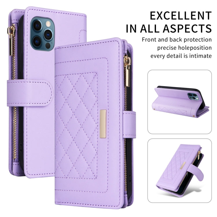 For iPhone 12 / 12 Pro Crossbody Zipper Wallet Rhombus Leather Phone Case(Purple) - iPhone 12 / 12 Pro Cases by buy2fix | Online Shopping UK | buy2fix
