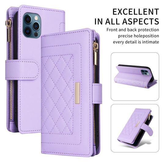 For iPhone 12 / 12 Pro Crossbody Zipper Wallet Rhombus Leather Phone Case(Purple) - iPhone 12 / 12 Pro Cases by buy2fix | Online Shopping UK | buy2fix