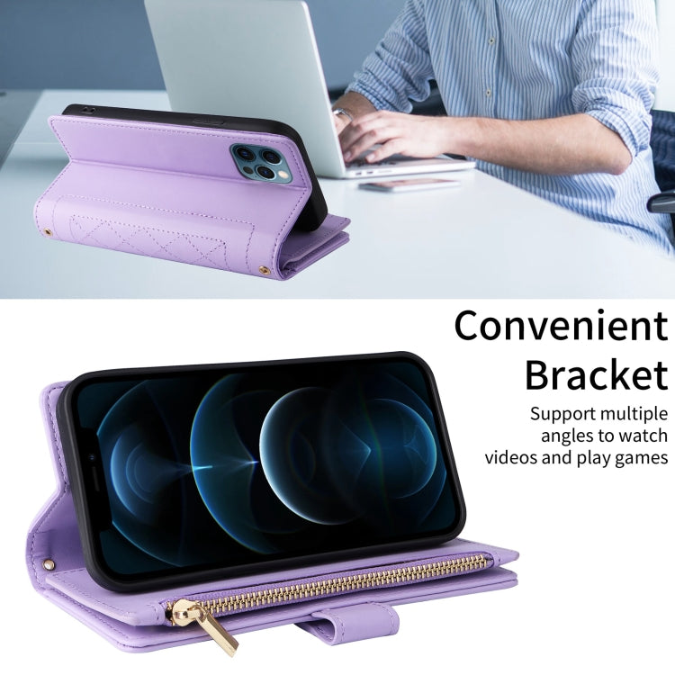 For iPhone 12 / 12 Pro Crossbody Zipper Wallet Rhombus Leather Phone Case(Purple) - iPhone 12 / 12 Pro Cases by buy2fix | Online Shopping UK | buy2fix