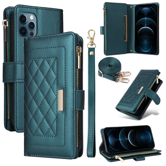 For iPhone 12 / 12 Pro Crossbody Zipper Wallet Rhombus Leather Phone Case(Green) - iPhone 12 / 12 Pro Cases by buy2fix | Online Shopping UK | buy2fix