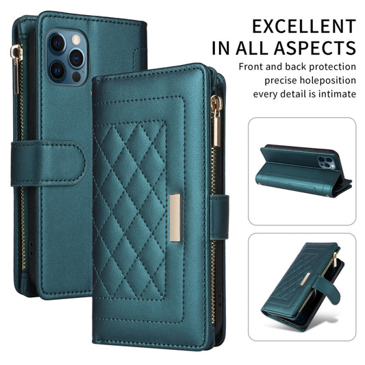 For iPhone 12 / 12 Pro Crossbody Zipper Wallet Rhombus Leather Phone Case(Green) - iPhone 12 / 12 Pro Cases by buy2fix | Online Shopping UK | buy2fix