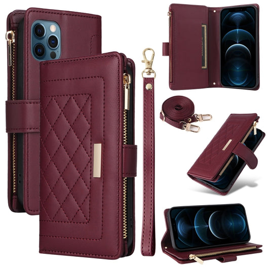 For iPhone 12 / 12 Pro Crossbody Zipper Wallet Rhombus Leather Phone Case(Wine Red) - iPhone 12 / 12 Pro Cases by buy2fix | Online Shopping UK | buy2fix